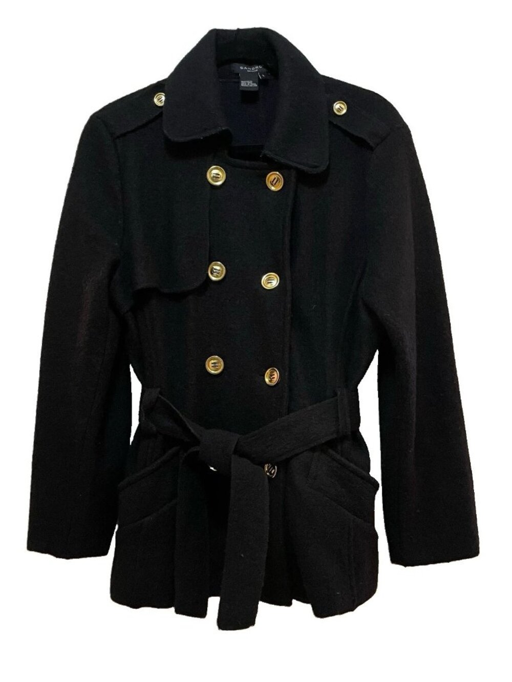 SANDRO Black 100% Wool Double Breasted Gold Button Peacoat Sz L